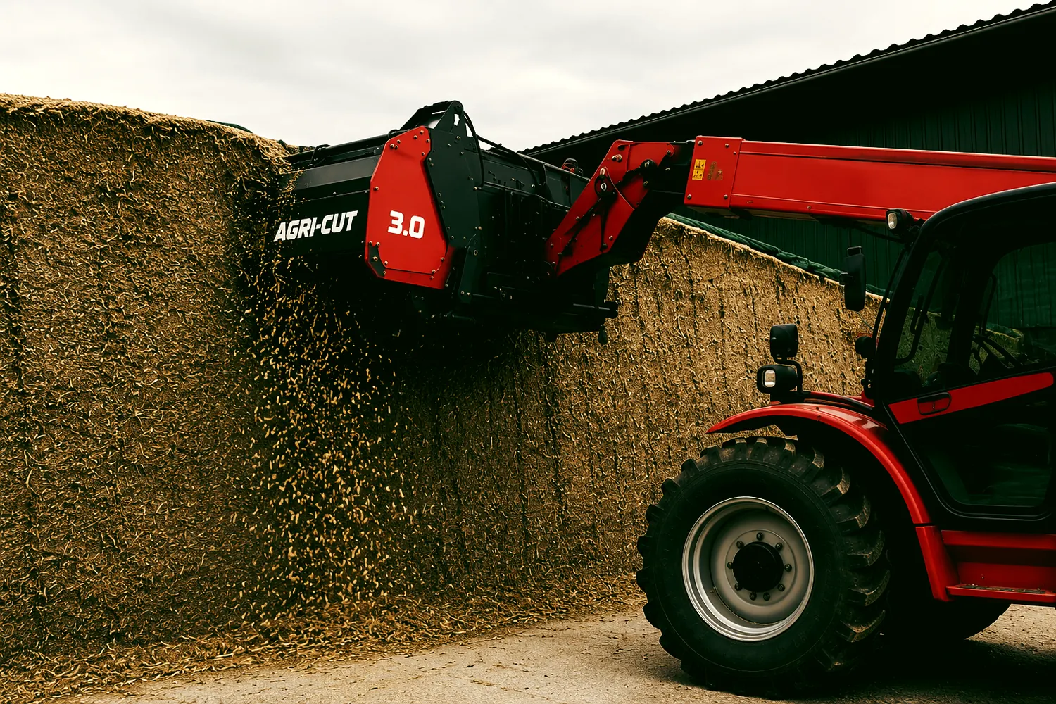 An Agri-Cut 3.0 block cutter mounted on a telehandler, shearing a clean vertical face from a silage clamp
